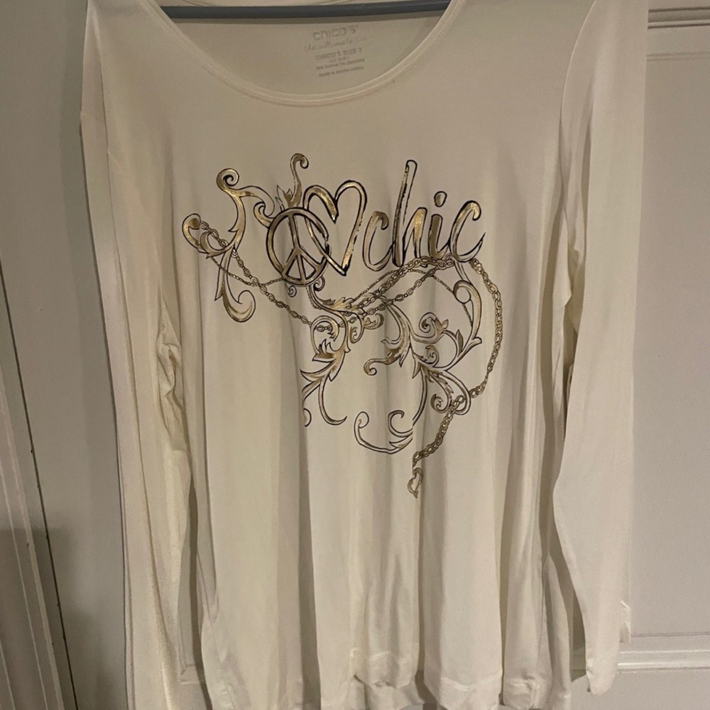 Chico's Cream Long Sleeve Graphic Top